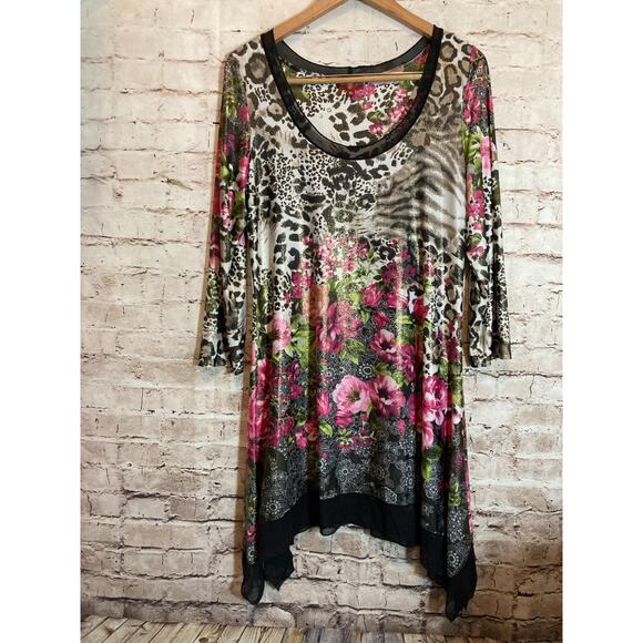 From The Heart Dress Womens XL Artsy Mixed Print Asymmetric Hem Flowy Glitter - Picture 1 of 16